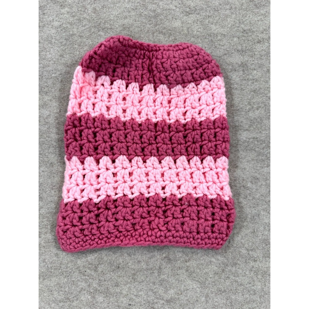 Handmade Crochet Beanie Hat Womens Pink Striped Open Knit Winter Streetwear